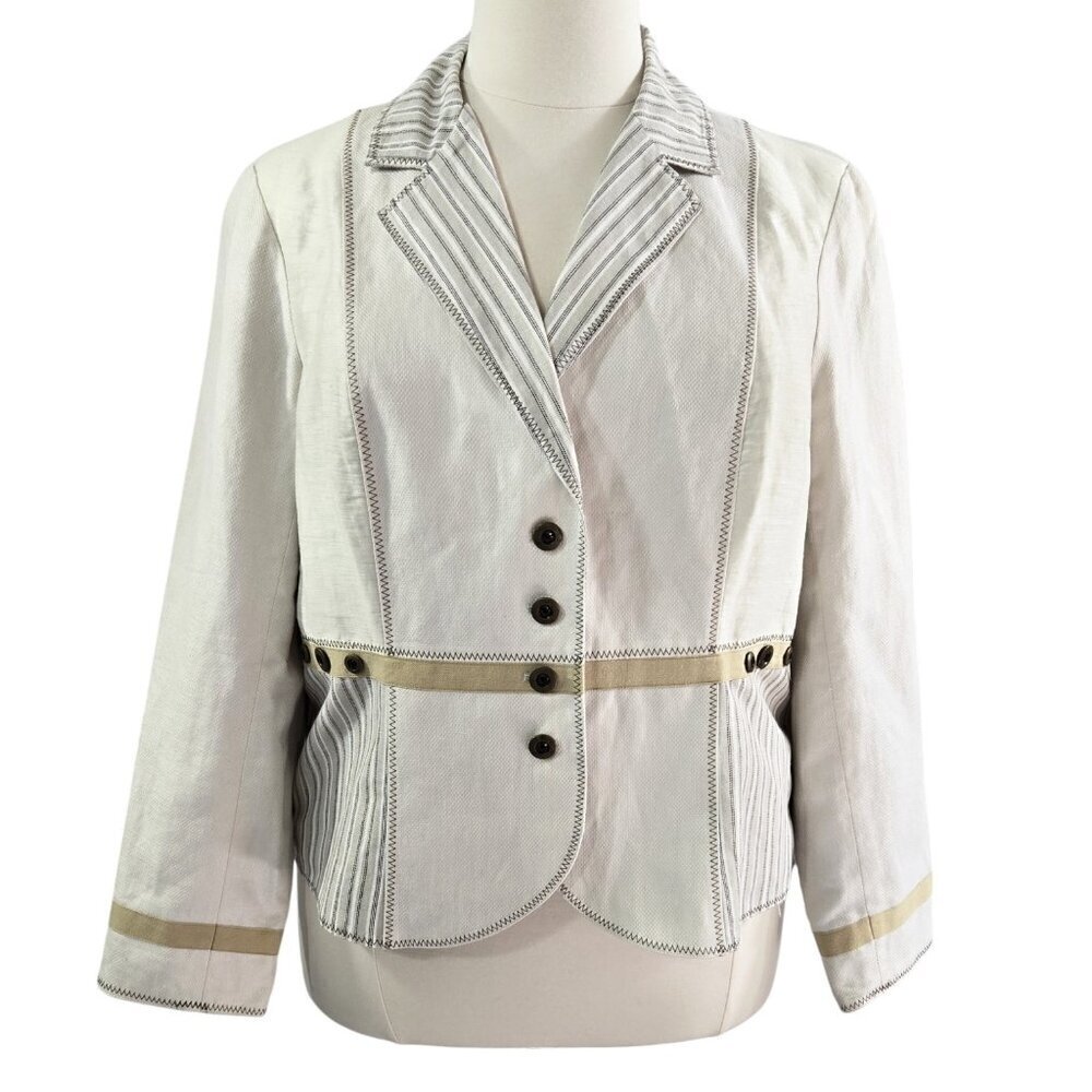 Coldwater Creek Linen Blend Cream Button Stripe Accent Blazer Preppy